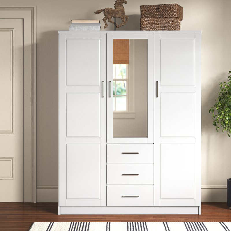MWD22008-Solid Wood Family Wardrobe/CLOSET/CLOSET, Closet de 3 puertas con espejo y 3 cajones, blanco.